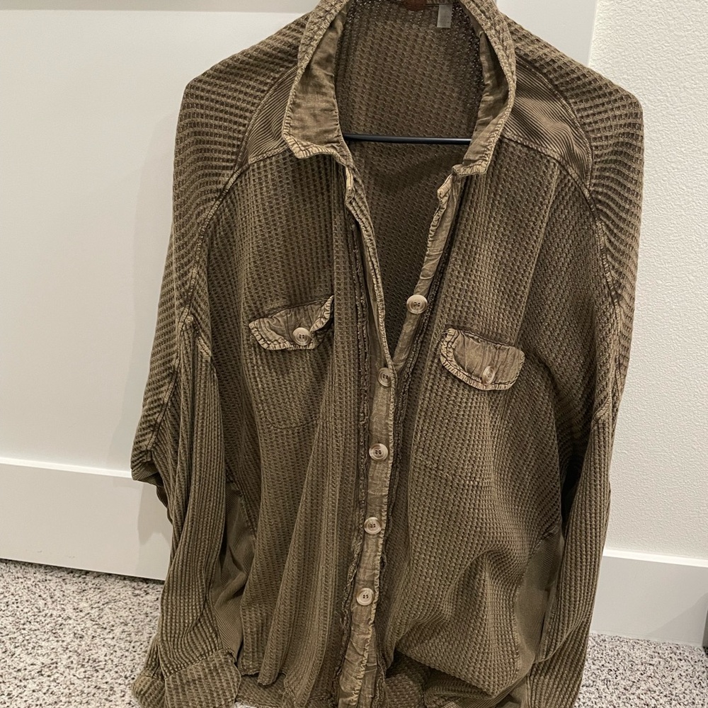 FP Green Waffle Knit Button-Up Shirt